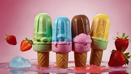 A vibrant arrangement of colorful ice creams and popsicles on a bright background with melting ice and fresh fruits. Close-up shots highlight textures, refreshing details, and playful summer vibes.