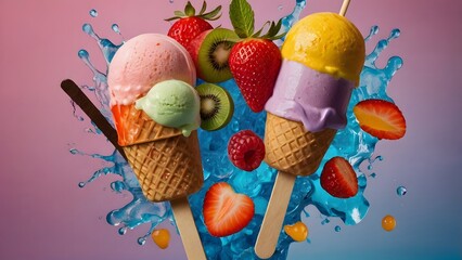 A vibrant arrangement of colorful ice creams and popsicles on a bright background with melting ice and fresh fruits. Close-up shots highlight textures, refreshing details, and playful summer vibes.