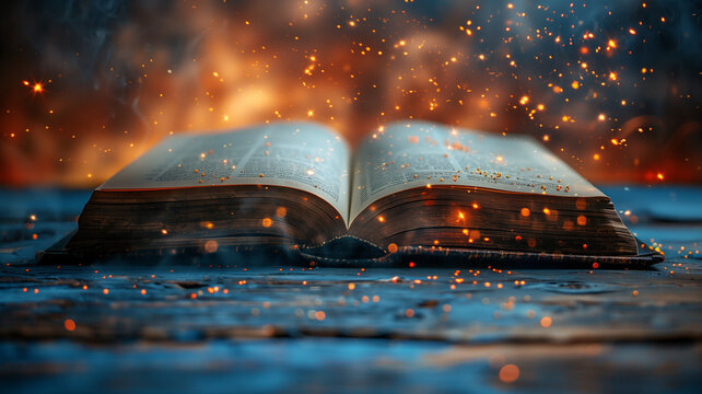 old book on fire. Glowing book with floating particles, symbolizing imagination, creativity, knowledge, and education. Perfect for literature and academic visuals. - Powered by Adobe