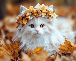 A fluffy white cat adorned with flowers and lying in leaves