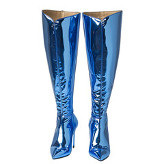 Bold Metallic Blue Knee High Boots with Gold Heels Isolated on Transparent Background