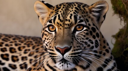 A breathtaking close-up of a leopard, highlighting its golden eyes, intricate rosette-patterned fur, and long whiskers. Warm lighting enhances its beauty against a soft, earthy-toned background