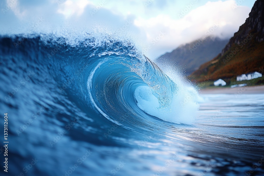 Poster majestic ocean wave crashing at a serene beach with distant hills under a beautiful sky at twilight 