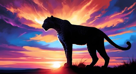 A regal Arabian leopard stands poised in silhouette against a breathtaking sunset, its sleek form sharply defined. Bold brushstrokes and vivid hues evoke power, serenity, and natural beauty.