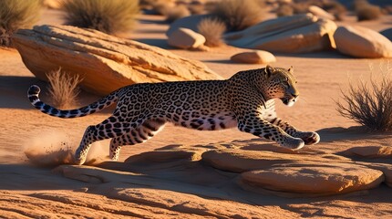 Arabian leopard mid-leap on rugged desert terrain, lithe body stretched in motion. Tawny-gold fur, piercing yellow eyes, golden light, and dynamic composition evoke agility and desert majesty.