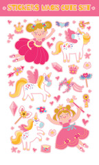 Childrens stickers set with princess and unicorn. Kids vector characters. Beautiful girls