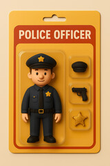 Minimalist police officer figure with badge and gear in yellow retail packaging