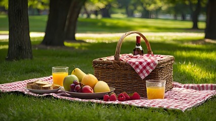 A vibrant summer picnic in a park featuring a picnic blanket, wicker basket, fresh fruits, sandwiches, and refreshing drinks. Highlighted by natural lighting, lush greenery, and a joyful atmosphere.