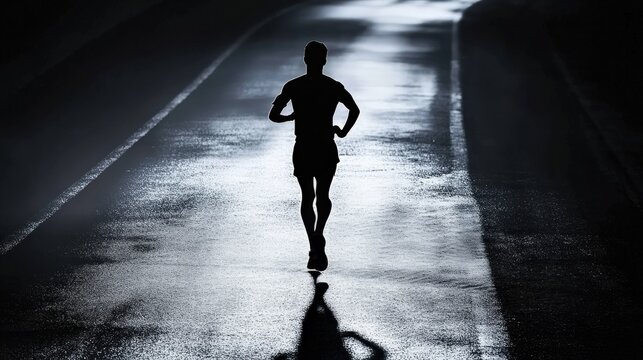 Silhouette of a Lone Runner on a Dimly Lit Wet Road Creating an Evocative Atmosphere of Determination and Solitude in the Early Morning Hours
