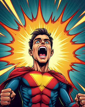 Captivating Comic Art, A Dynamic High Resolution Stock Photo of a Heroic Figure Expressing Power and Intensity in a Bold Design