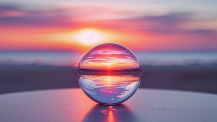 A breathtakingly scenic sunset captured beautifully in a crystal ball reflection.