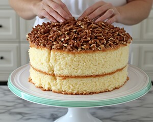 A delicious layered cake is being topped with nuts
