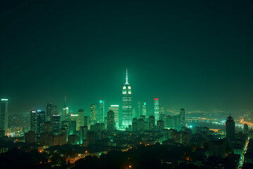 Captivating high-resolution cityscape at night, showcasing illuminated skyscrapers against the twilight sky, conveying urban vibrancy and architectural marvels