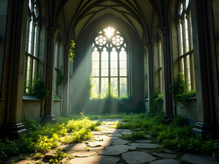Fototapeta premium Captivating high resolution stock photo showcases a beautifully overgrown church interior with sunbeams illuminating the stone floor and lush greenery providing a touch of serenity