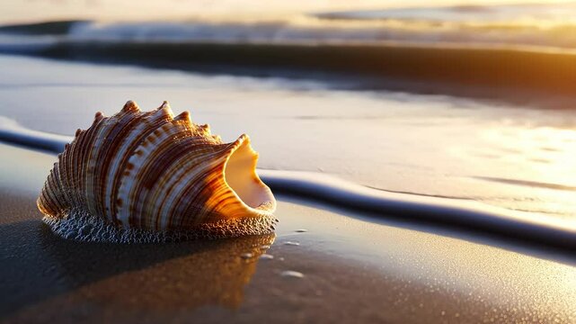 Beautiful seashell resting on the sandy beach at sunset with gentle waves in the background