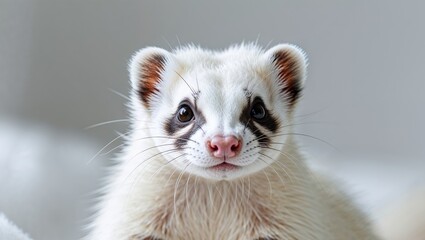 A cute ferret with white fur looking directly at the viewer