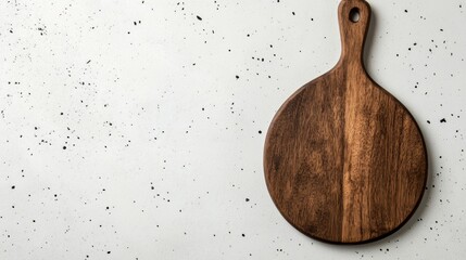 Wooden cutting board on a textured surface with speckles for kitchen use and food preparation