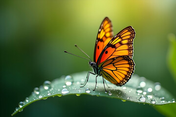 Fototapeta premium Captivating Monarch Butterfly on Dew Kissed Leaf, A Study in Nature's Delicate Balance and Vibrant Beauty, showcasing exquisite detail and serene natural ambiance