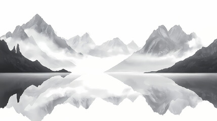 A misty, monochrome landscape with mountains reflecting in a still lake. Echoing Luminance. Illustration