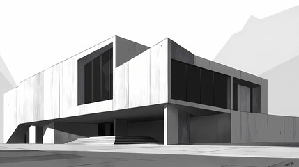 Brutalist concrete building with sharp angles, dramatic shadows cast under midday sun. Echoing Luminance. Illustration