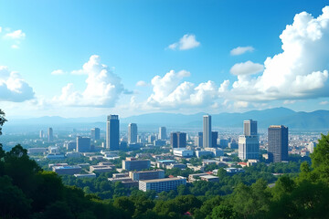 Captivating Panoramic View of a Modern Cityscape with Towering Skyscrapers, Lush Greenery, and a Bright Blue Sky Adorned with Fluffy Clouds, Inspiring Urban Life