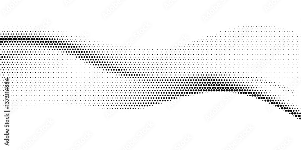 Poster Abstract background with halftone wavy line. Vector digital technology concept of flowing black dot particles wave pattern.