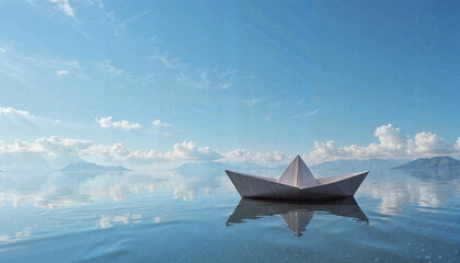 Fototapeta na wymiar Paper boat floating on calm water reflecting blue sky, sense of wonder