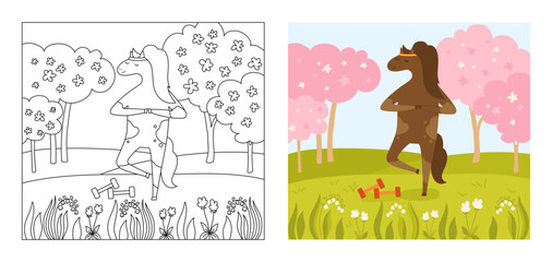 Horse doing yoga exercises on meadow coloring book for kids cartoon vector illustration. Comic stallion flat horse meditates relax in nature. Hand drawing design perfect for children book, poster card