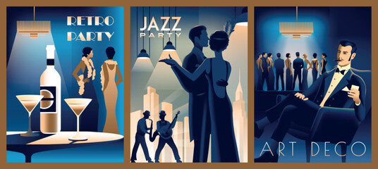  Set of 3 retro party invitation cards. Couple at a party in the style of the early 20th century. Pretty girl tries champagne. Handmade drawing vector illustration. Art Deco style.