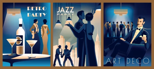  Set of 3 retro party invitation cards. Couple at a party in the style of the early 20th century. Pretty girl tries champagne. Handmade drawing vector illustration. Art Deco style. © alaver