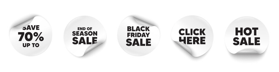 Discount sticker tag. Season sale, Black friday paper price banners. Save up to 70 percent tag. Discount Sale offer price sign. Special offer symbol. Click here sticker. Vector