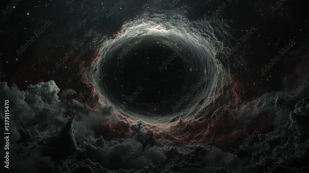 Poster vast void of the cosmos forms a mesmerizing black hole surrounded by swirling clouds of dark matter 