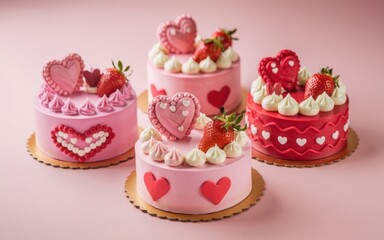 Four decorative cakes in pink and red, adorned with hearts, strawberries, and creamy frosting, set against a soft pink backdrop.