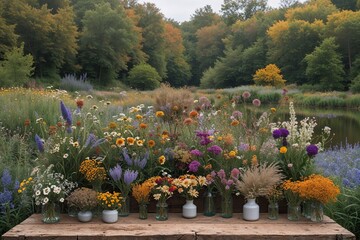 Fototapeta premium Vivid Floral Expanse: A Rustic Wildflower Arrangement in a Tranquil Ecosystem