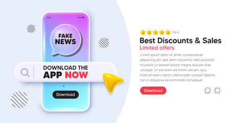 Fake news mobile phone banner. App chat speech bubble. Fake news tag. Media newspaper sign. Daily information symbol. Phone template with search bar. Download the app now. Vector