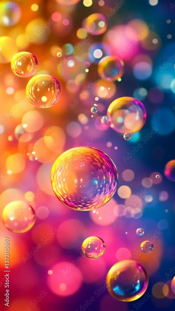 Poster colorful bubbles floating against a vibrant backdrop of blurred lights in an abstract setting