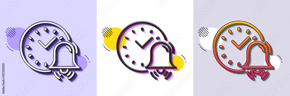 Poster alarm bell line icon. halftone dotted pattern. gradient icon with grain shadow. time or watch sign. 