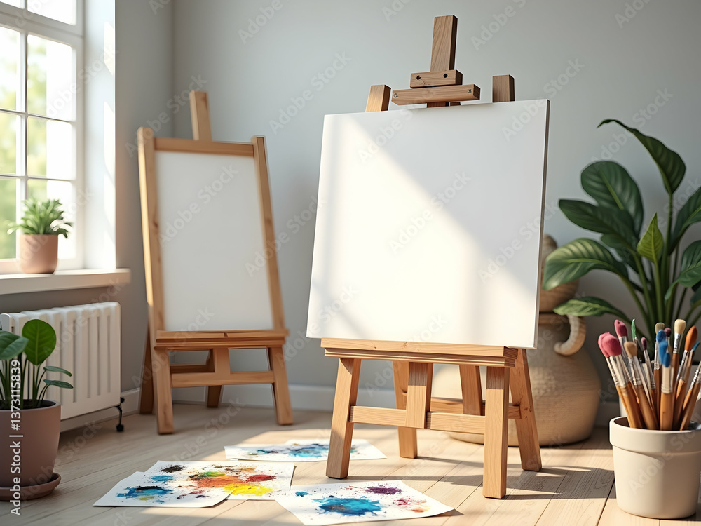 Poster charming art studio scene featuring a blank canvas on a wooden easel, inviting artistic creation and