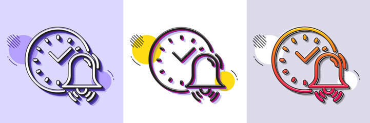 Alarm bell line icon. Halftone dotted pattern. Gradient icon with grain shadow. Time or watch sign. Line alarm bell icon. Various designs. Vector