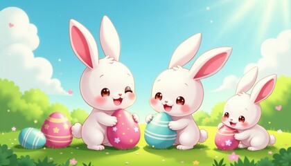 Obraz premium Cute Rabbits With Easter Eggs In Grass Playful Bunny Characters Kawaii Style Spring Celebration Adorable Design AI Generated