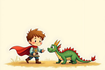Fototapeta premium Charming Illustration of a Boy Dressed as a Knight Meeting a Friendly Dragon in a Light-Filled Scene, Perfect for Children's Stories and Fantasy Themes