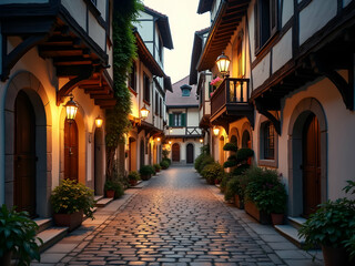 Naklejka premium Charming European Village Street at Dusk, A Picturesque View of Cobblestone Path, Quaint Buildings, and Warm Lighting Evoking a Sense of Serenity and Timeless Beauty