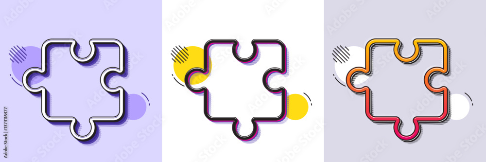 Poster puzzle piece line icon. halftone dotted pattern. gradient icon with grain shadow. jigsaw game shape 