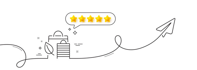 Bio shopping bags line icon. Continuous line with share plane. Leaf sign. Natural products symbol. Five star rate review in speech bubble. Bio shopping single line ribbon. Loop curve pattern. Vector