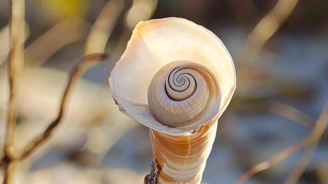 Spiral shell resting on sandy beach with a blurred natural background during golden hour