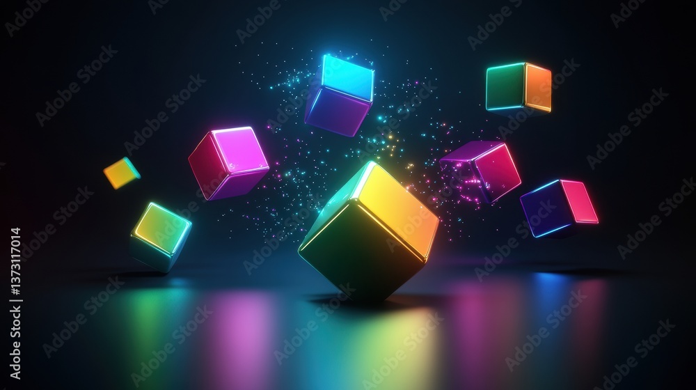 Poster Futuristic environment featuring floating colorful 3D cubes with soft reflections and vibrant neon color gradients in a minimalistic design