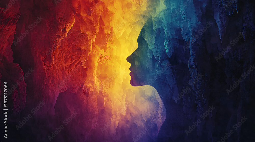 Poster intriguing portrait of a person's face silhouetted against a colorful cave background creating a vis