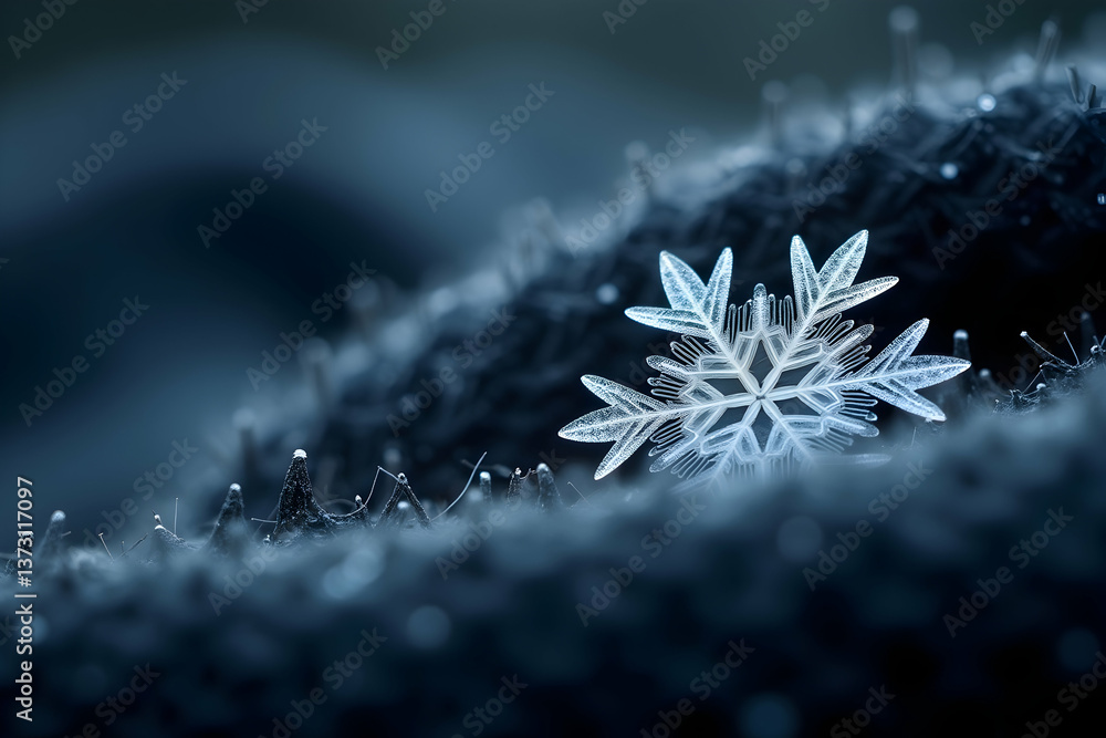 Poster close-up capture showcasing the intricate details of a delicate snowflake, resting gently on a frost