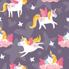 Kids magic unicorn seamless pattern. Cute fairytales ornament hand drawn with unicorns, stars.