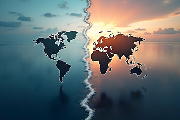 Conceptual World Division, Two Halves of the Earth Separated by Ocean Waves at Sunset, Symbolizing Global Challenges and Opportunities in a Connected World